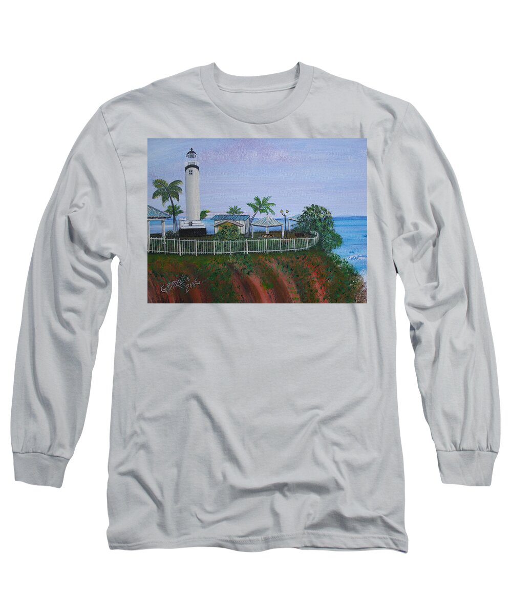 Lighthouse In Rincon By The Ocean Of The Island Of Puerto Rico Long Sleeve T-Shirt featuring the painting Rincon's Lighthouse by Gloria E Barreto-Rodriguez