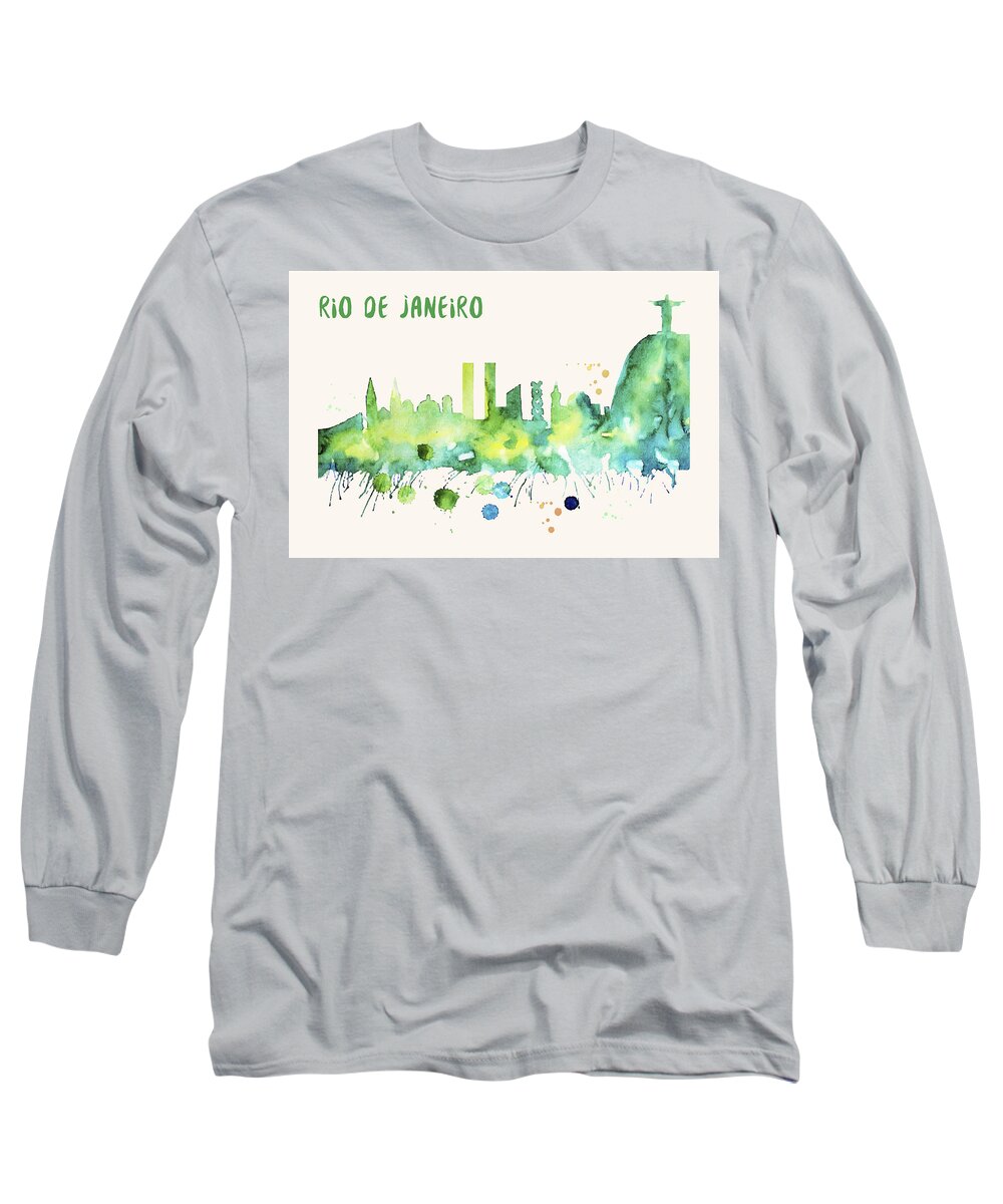 Rio De Janeiro Long Sleeve T-Shirt featuring the painting Rio de Janeiro Skyline Watercolor Poster - Cityscape Painting Artwork by Beautify My Walls