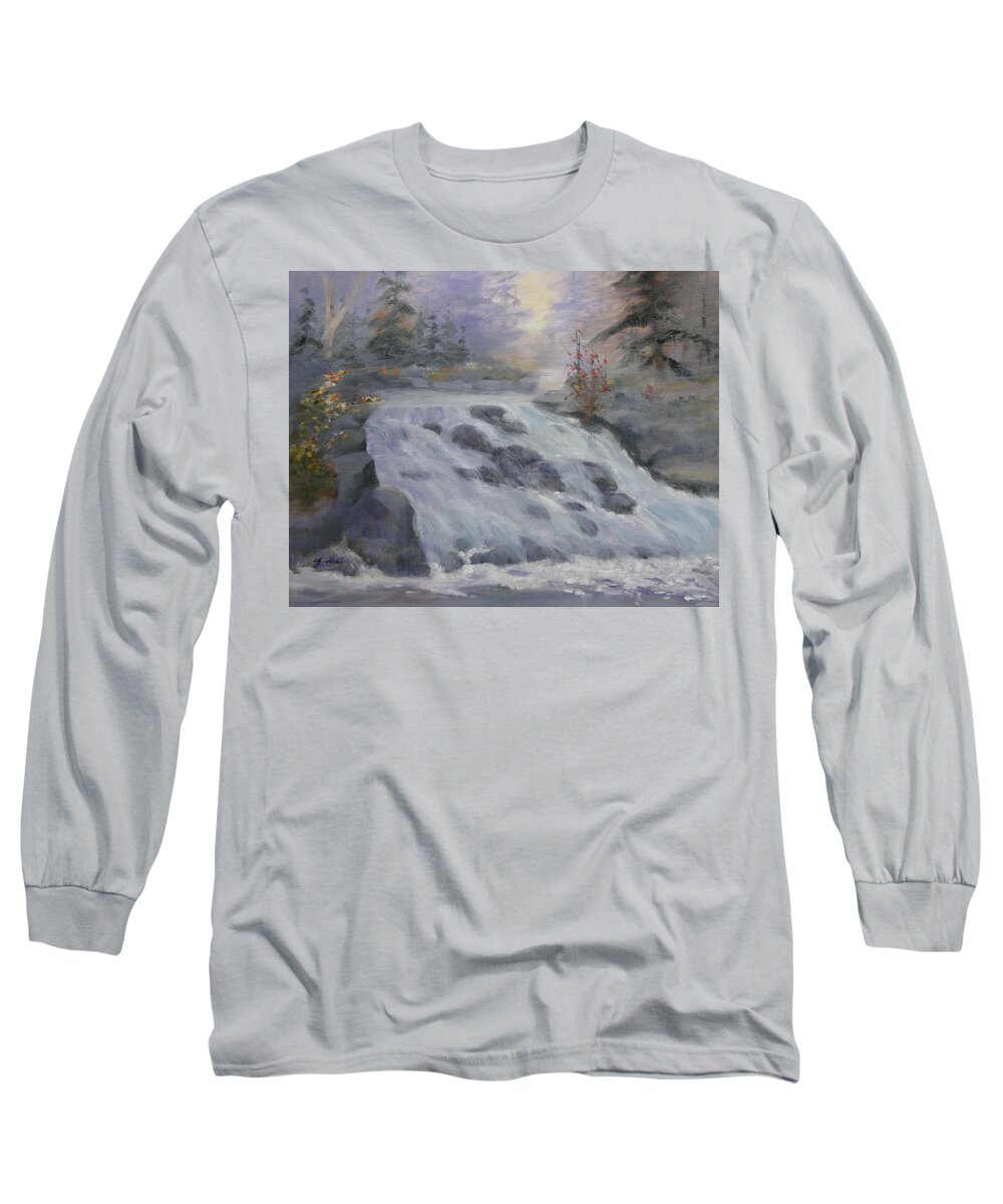 Landscape Long Sleeve T-Shirt featuring the painting Roaring Falls 11x14 by Judy Fischer Walton