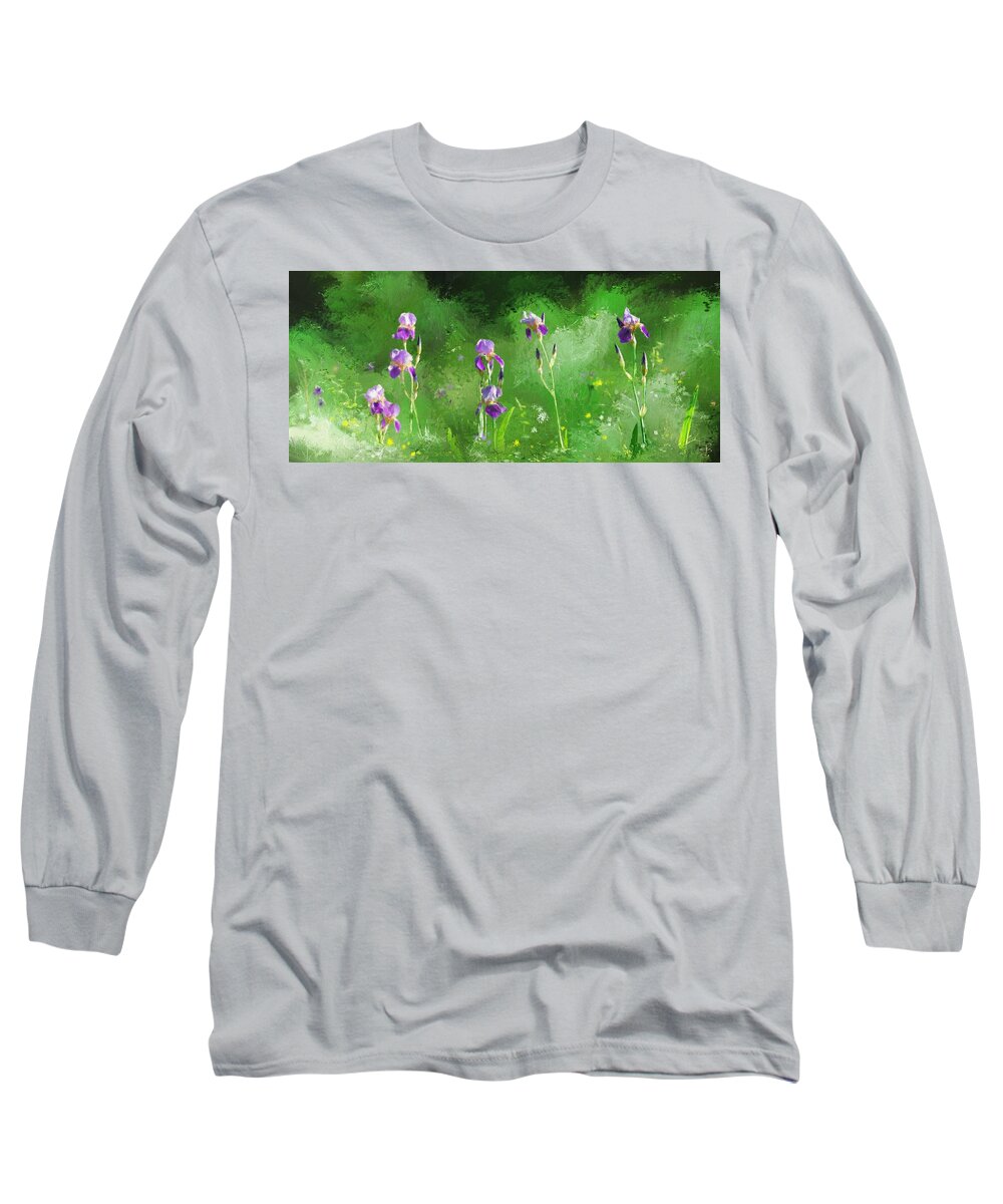 Bearded Long Sleeve T-Shirt featuring the digital art Row of irises by Debra Baldwin