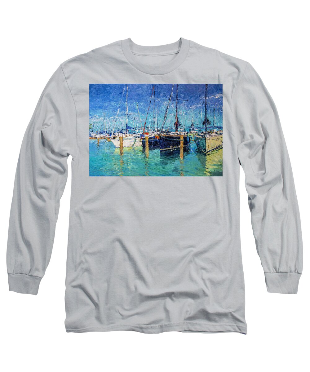 Saliboats Long Sleeve T-Shirt featuring the painting Sailboats at Balatonfured by Judith Barath