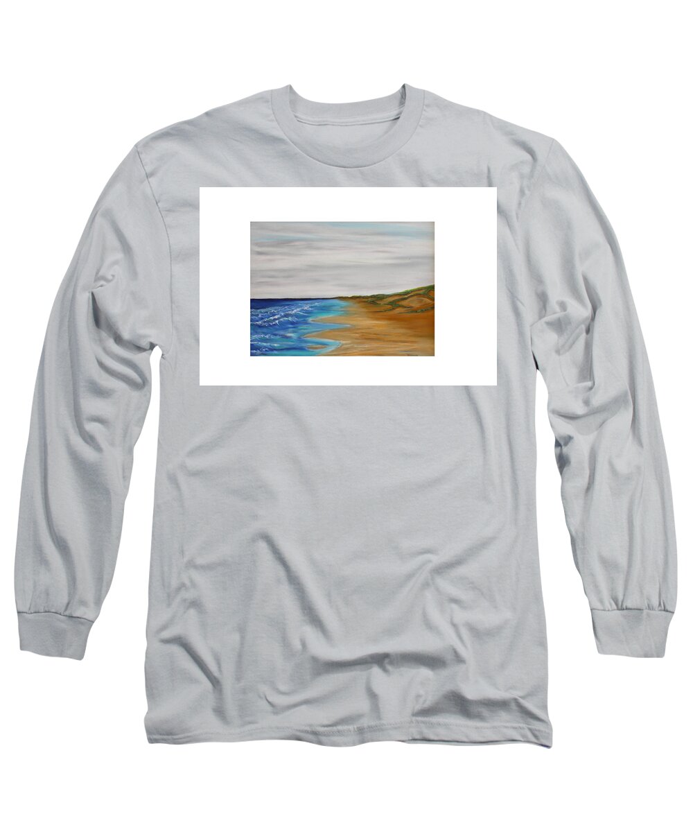 Silver Mist Salt Ocean Dunes Morning Beach Ocean Sand Waves Coastal Clouds Grass Walk Peace Tranquil Spiritual  Long Sleeve T-Shirt featuring the pastel Salty Morning by Daniel Dubinsky