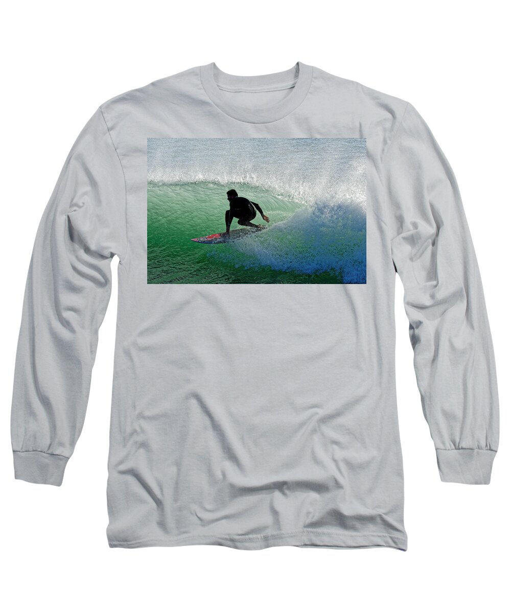 Sea Of Despair Long Sleeve T-Shirt featuring the photograph Sea of Despair -- Surfer on a Wave in Cayucos, California by Darin Volpe