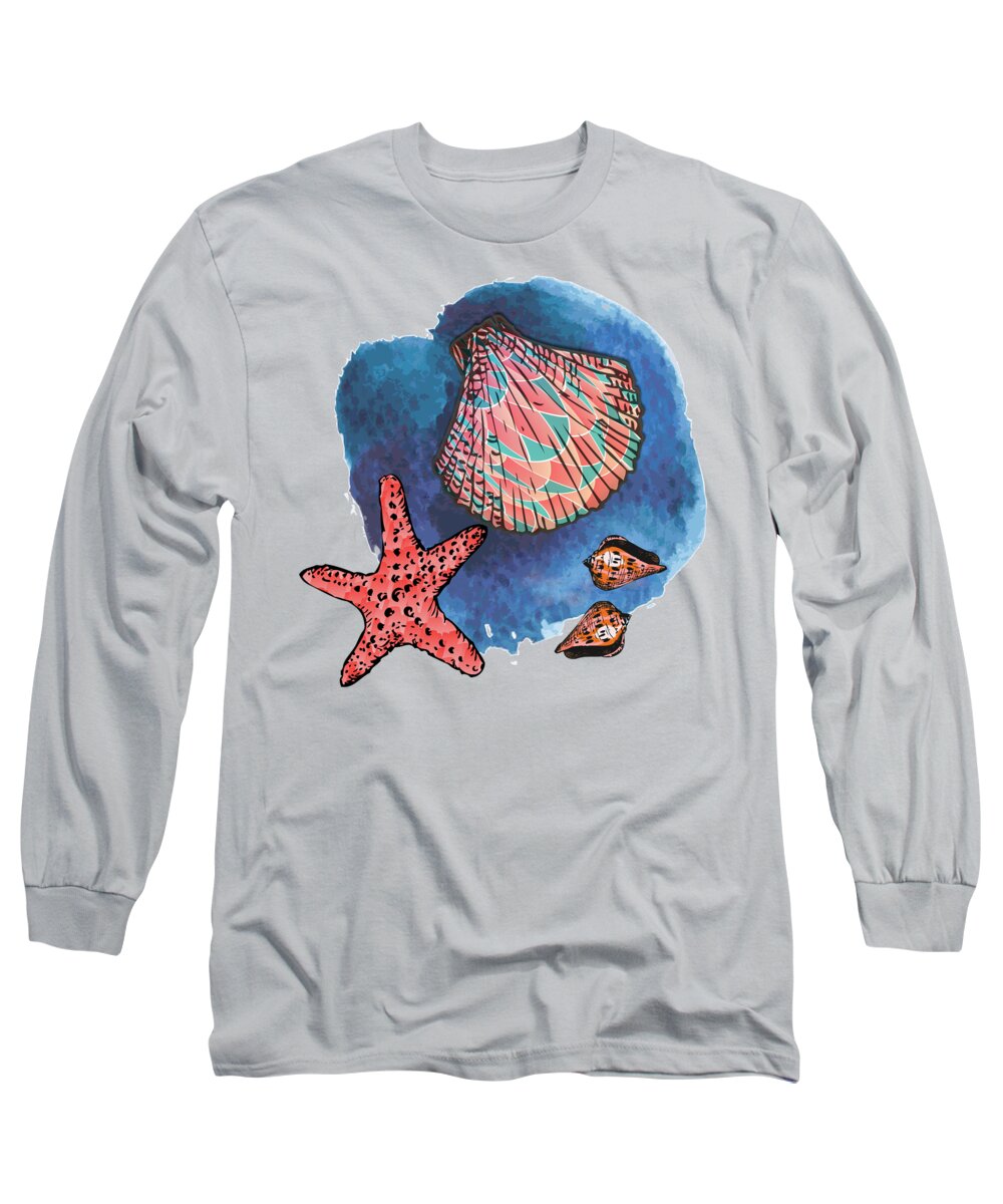 Starfish Long Sleeve T-Shirt featuring the digital art Seashells and starfish by Gaspar Avila