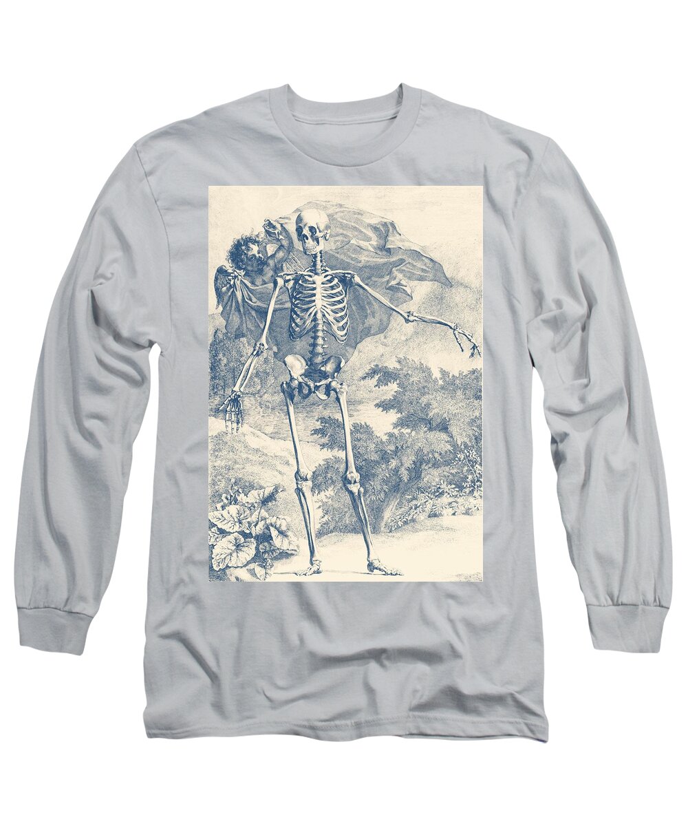 Skeletons And Angels Long Sleeve T-Shirt featuring the drawing Skeleton and Angel in the Wilderness by Vintage Anatomy Prints