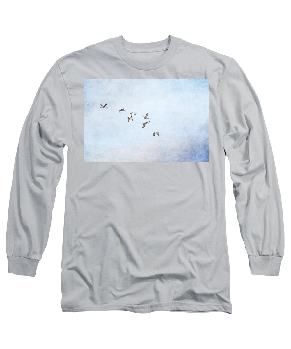 Sandhill Crane Long Sleeve T-Shirt featuring the photograph Spring Migration - Textured by Kathy Adams Clark