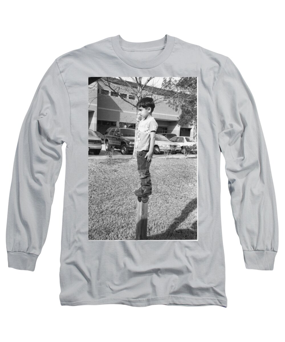 Black And White Print Long Sleeve T-Shirt featuring the photograph Standing on a beam. by WaLdEmAr BoRrErO