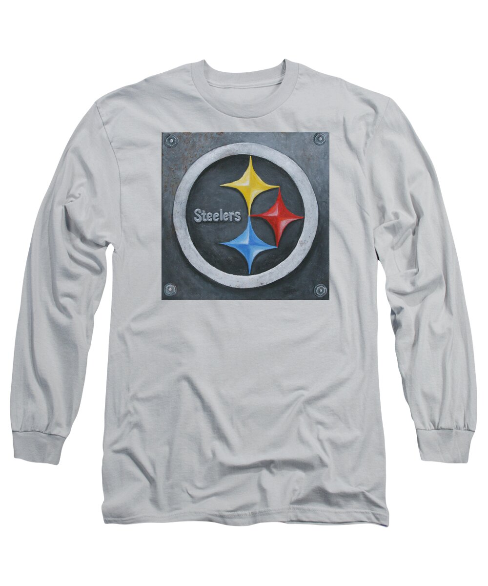 Nfl Long Sleeve T-Shirt featuring the painting Steelers by Donna Tucker