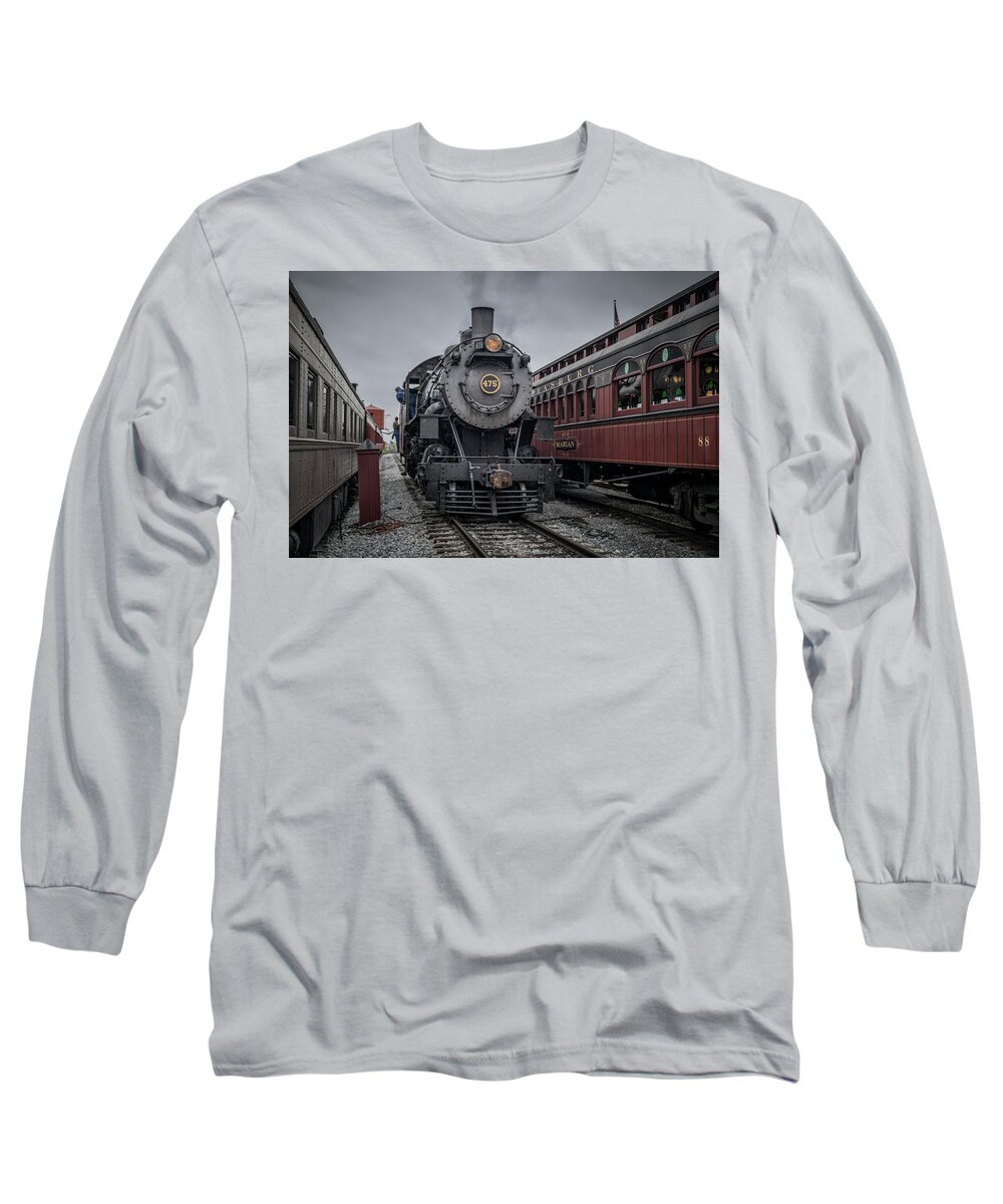 Strasburg Railroad Long Sleeve T-Shirt featuring the photograph Strasburg Railroad engine 475 backs through station at Strasburg PA by Jim Pearson