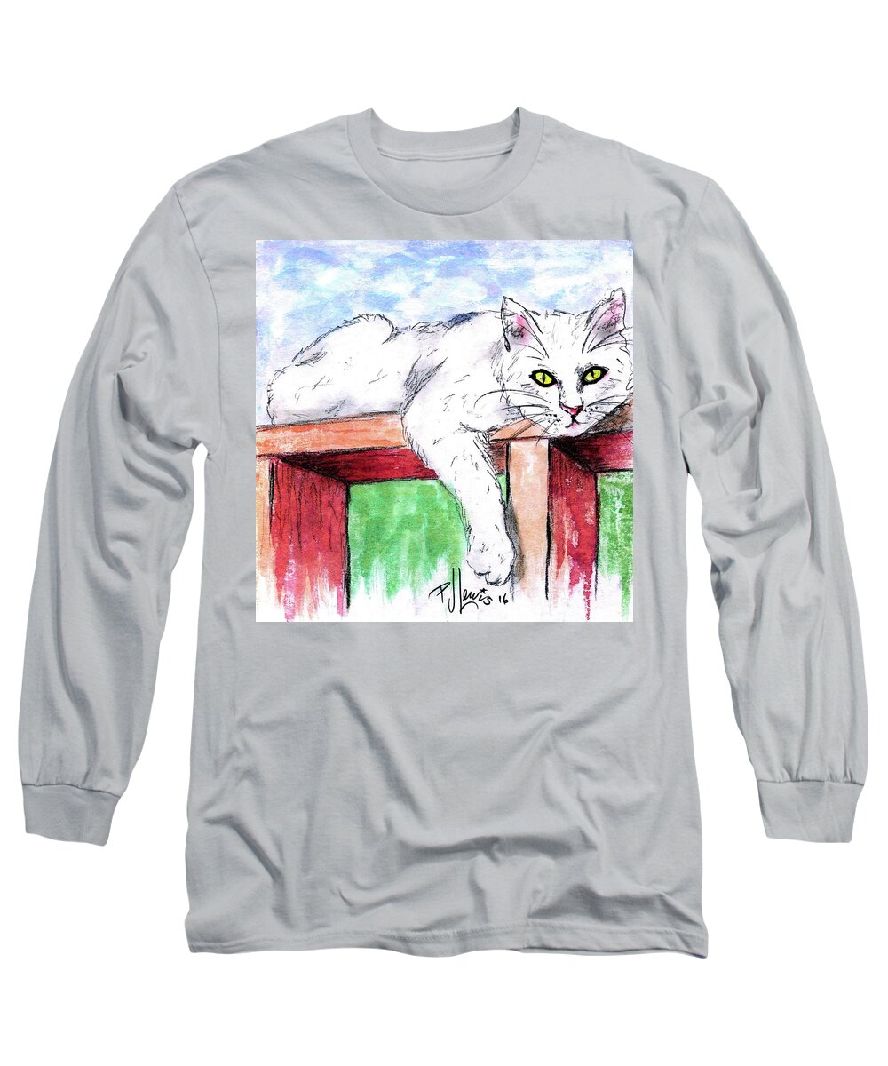 White Cat Long Sleeve T-Shirt featuring the painting Summer Cat by PJ Lewis