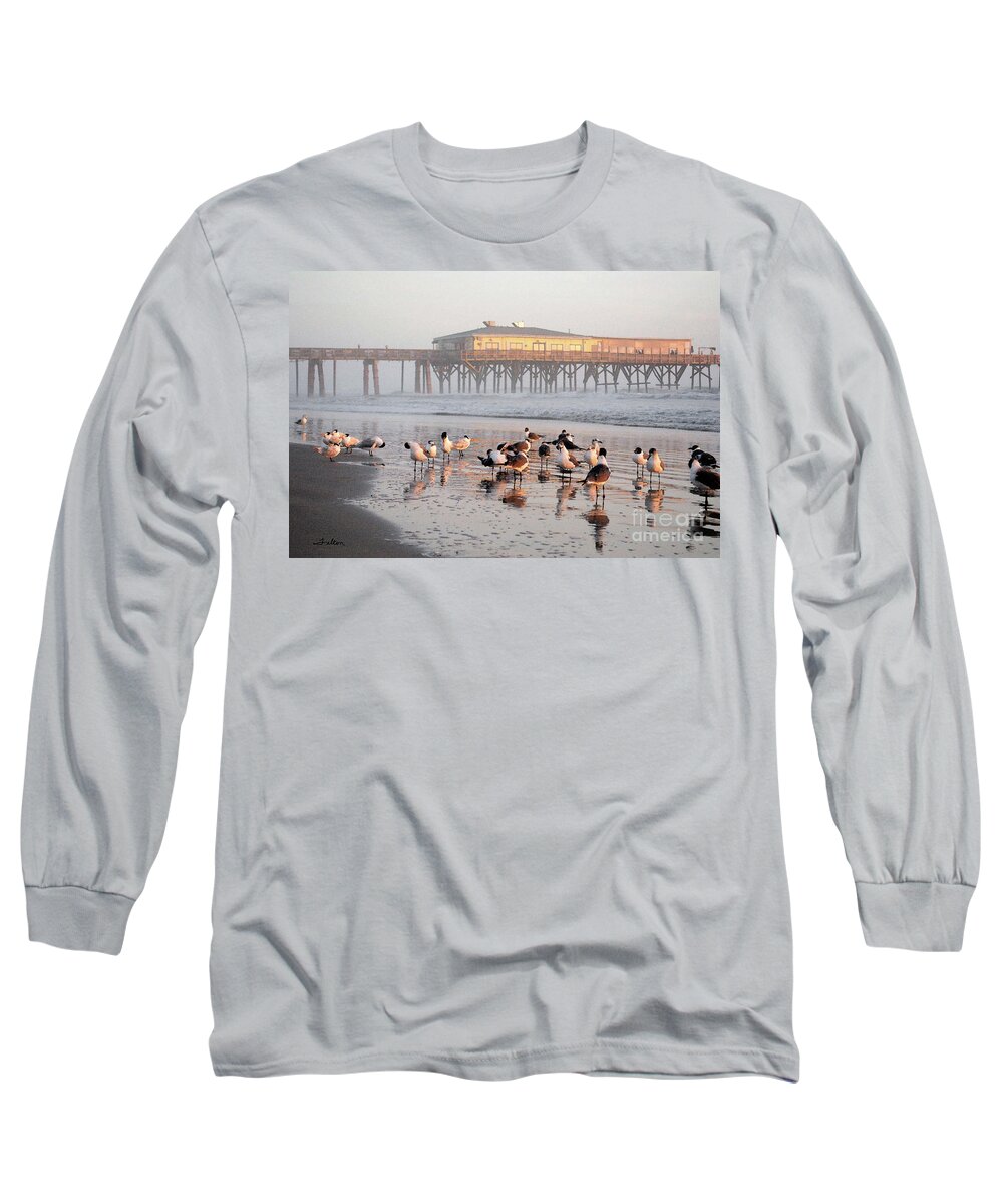 Seabird Paintings Long Sleeve T-Shirt featuring the photograph Sun Glow Pier with the morning birds by Julianne Felton