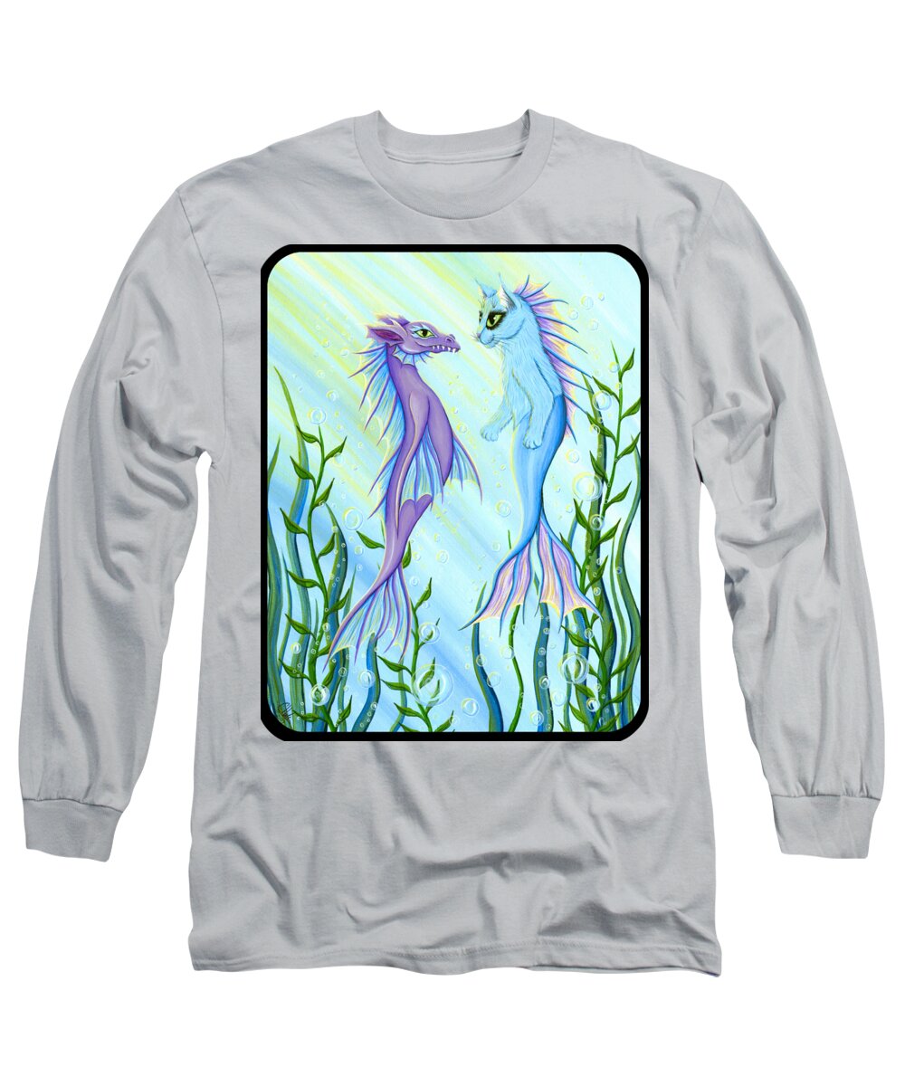 Mermaid Cat Long Sleeve T-Shirt featuring the painting Sunrise Swim - Sea Dragon Mermaid Cat by Carrie Hawks