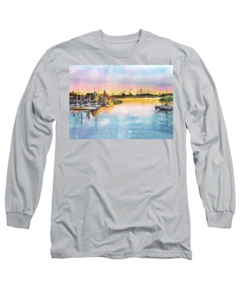 Shoreline Village Long Sleeve T-Shirt featuring the painting Sunset at Shoreline Village by Debbie Lewis