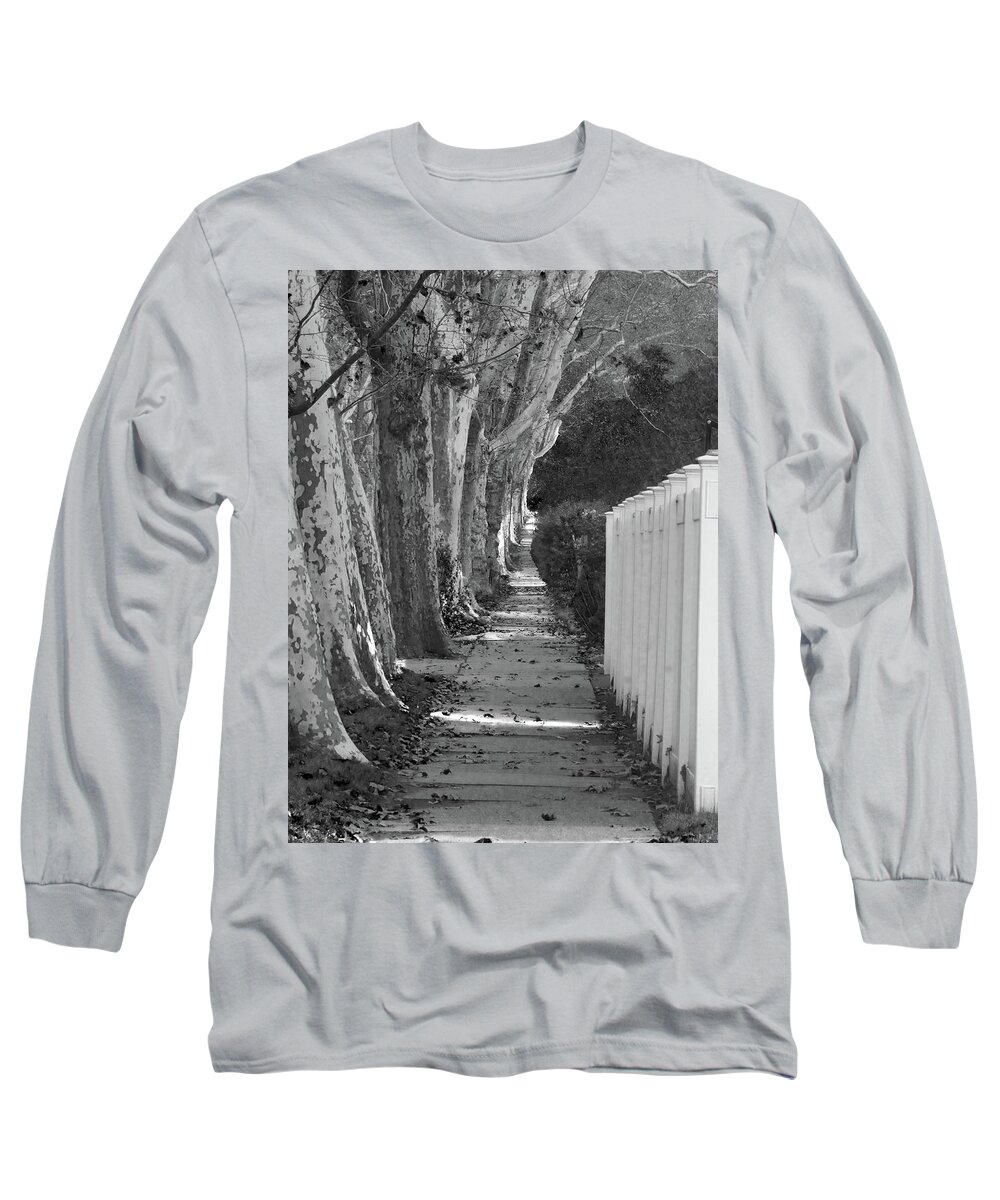Grayscale Long Sleeve T-Shirt featuring the photograph Sycamore Walk-grayscale version by Leon deVose