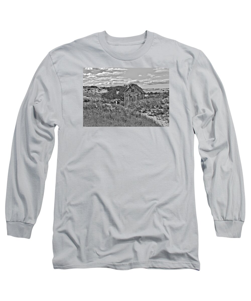 Cape Cod Long Sleeve T-Shirt featuring the photograph Tasha Dune Shack in Black and White by Marisa Geraghty Photography