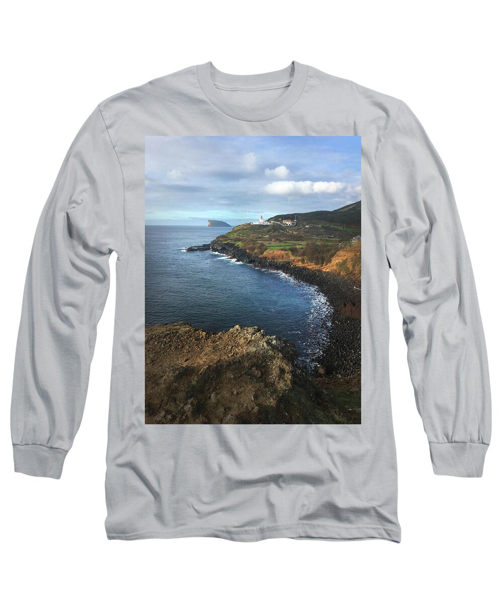 Kelly Hazel Long Sleeve T-Shirt featuring the photograph Terceira Island Coast with Ilheus de Cabras and Ponta das Contendas Lighthouse by Kelly Hazel