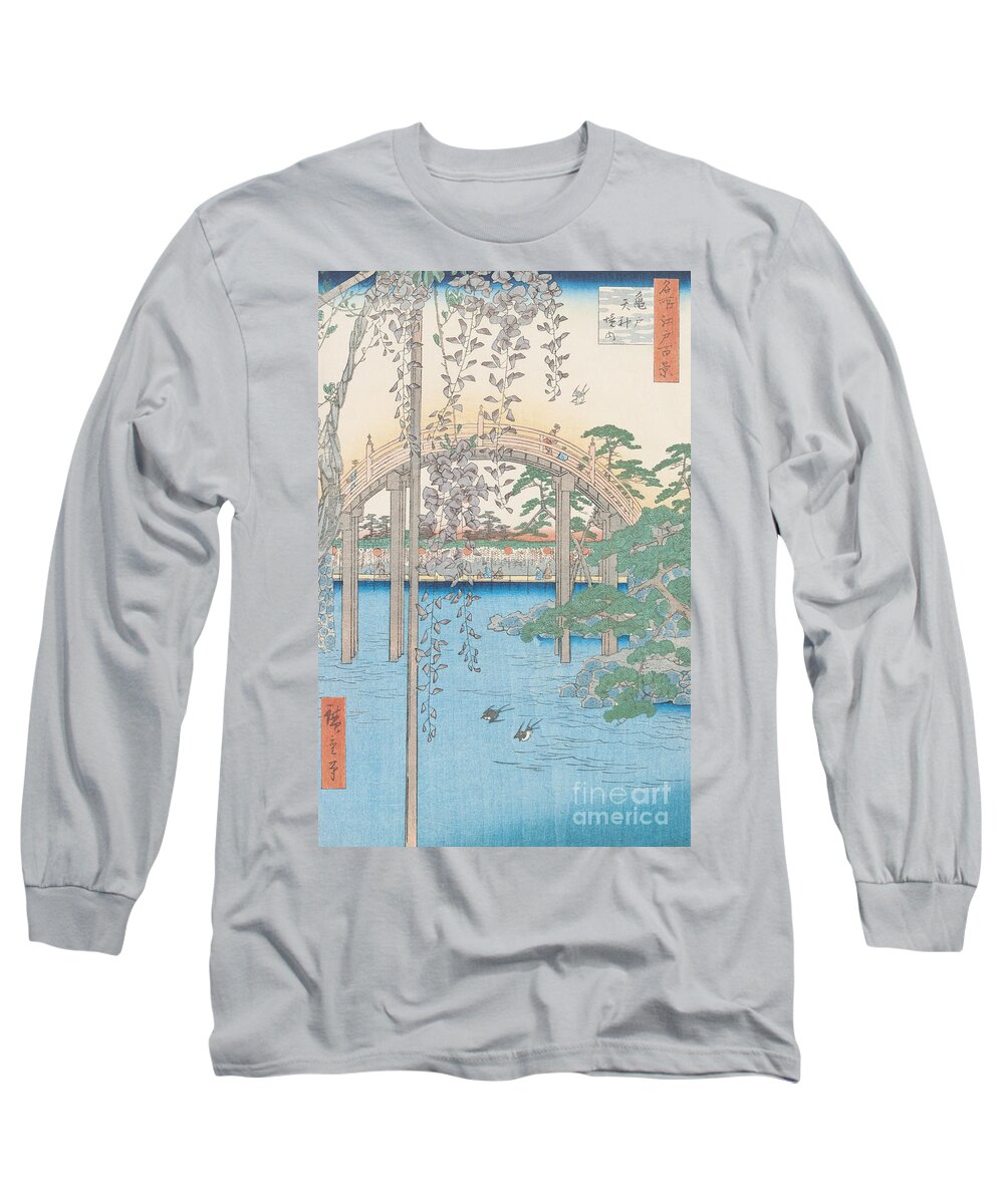 Wooden; River; Tokyo; Flowers; Plant; Blossom Long Sleeve T-Shirt featuring the drawing The Bridge with Wisteria by Hiroshige