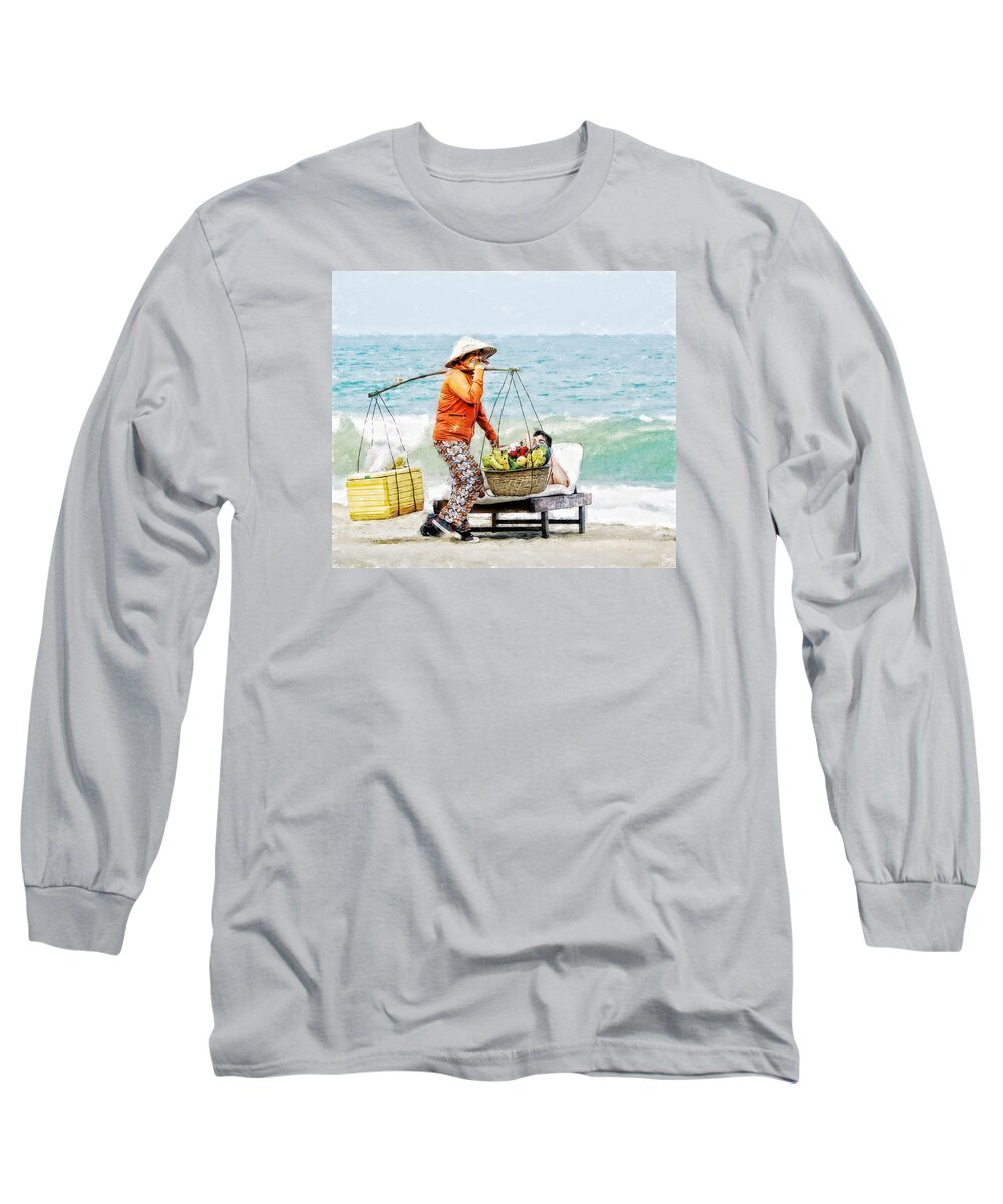 Vietnam Long Sleeve T-Shirt featuring the digital art The Smiling Vendor by Cameron Wood
