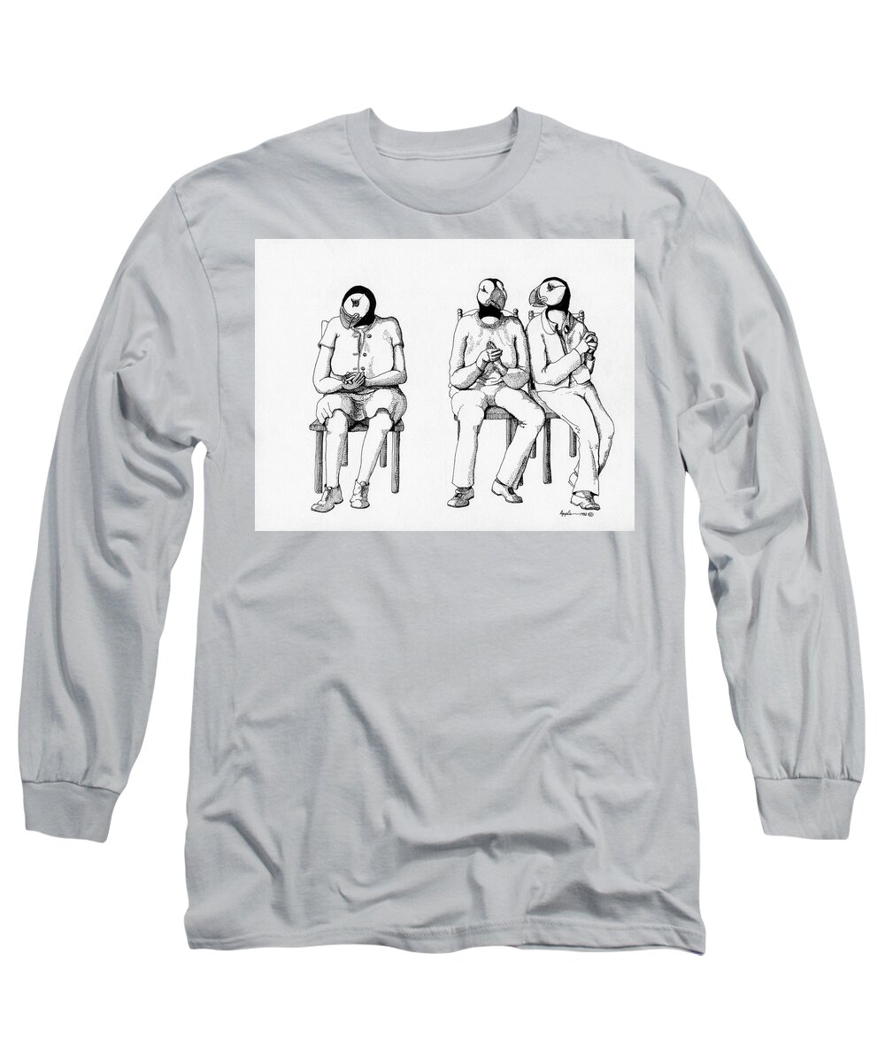 Anthropomorphic Long Sleeve T-Shirt featuring the drawing The Waiting Room by Linda Apple