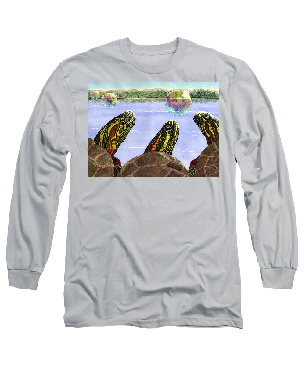 Turtle Long Sleeve T-Shirt featuring the painting Three Turtles Three Bubbles by Catherine G McElroy