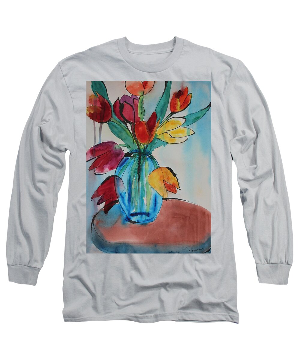Tulips Long Sleeve T-Shirt featuring the painting Tulips in a Blue Glass Vase by Ruth Kamenev