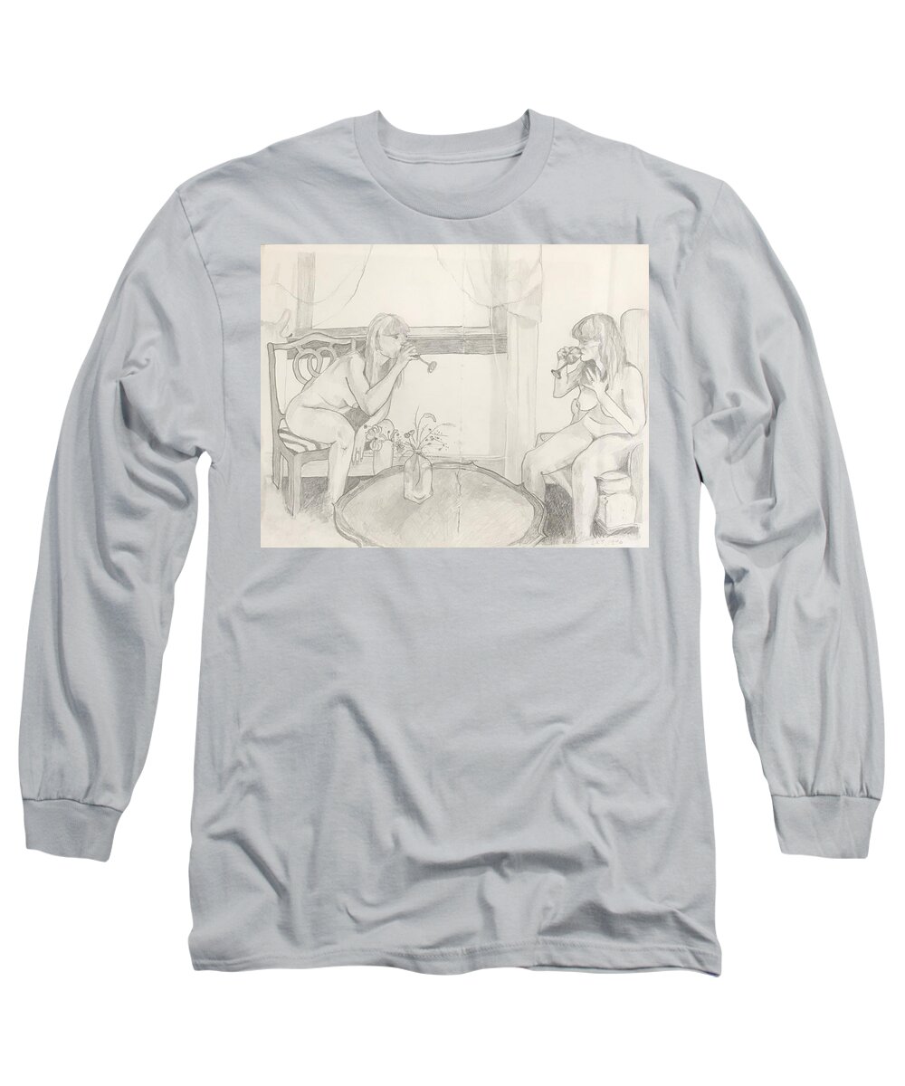 Figurative Long Sleeve T-Shirt featuring the drawing Two Sisters by Leah Tomaino