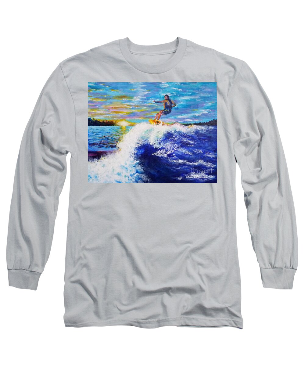Wake Surfing Long Sleeve T-Shirt featuring the painting Wake Surfin' by Lisa Debaets