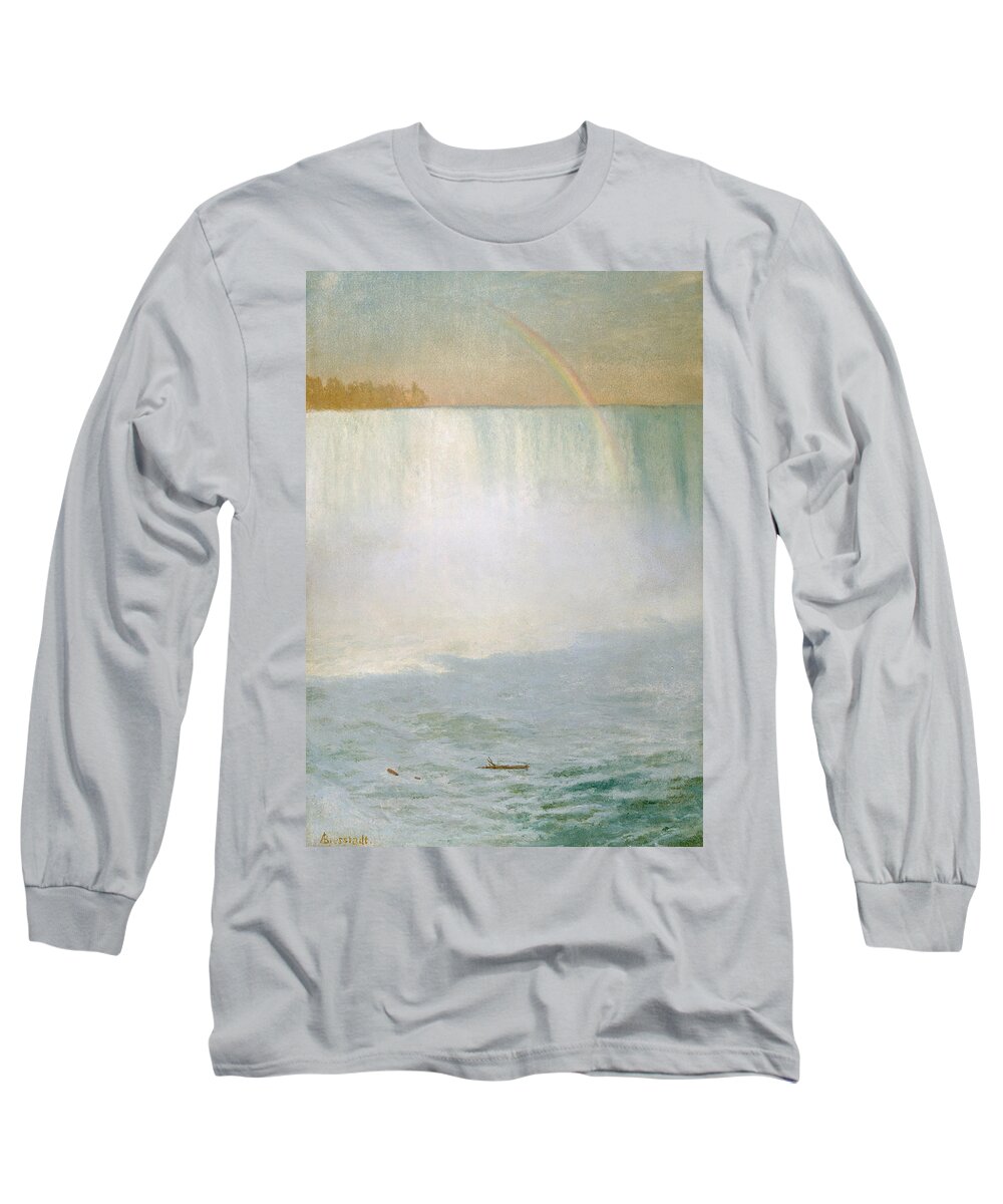 Waterfall And Rainbow Long Sleeve T-Shirt featuring the painting Waterfall and Rainbow at Niagara Falls by Albert Bierstadt