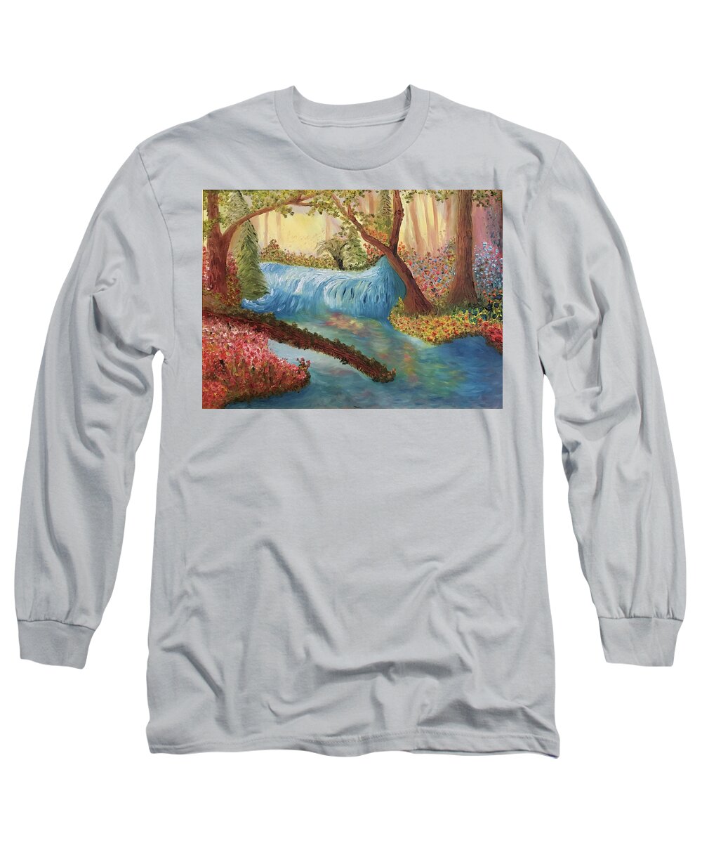 Springtime Long Sleeve T-Shirt featuring the painting Waterfall in Paradise by Susan Grunin