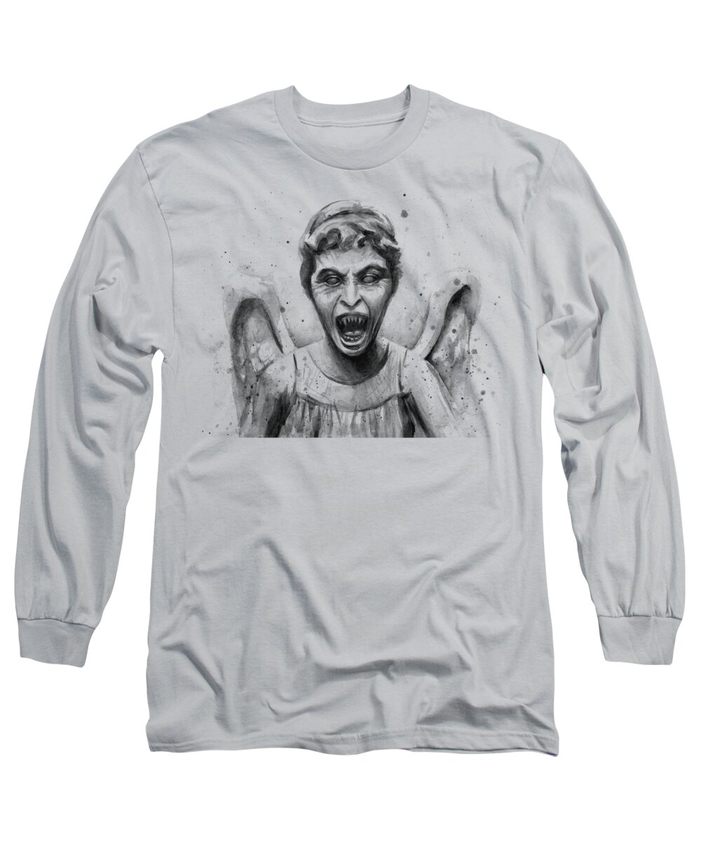 Weeping Long Sleeve T-Shirt featuring the painting Weeping Angel Watercolor - Don't Blink by Olga Shvartsur