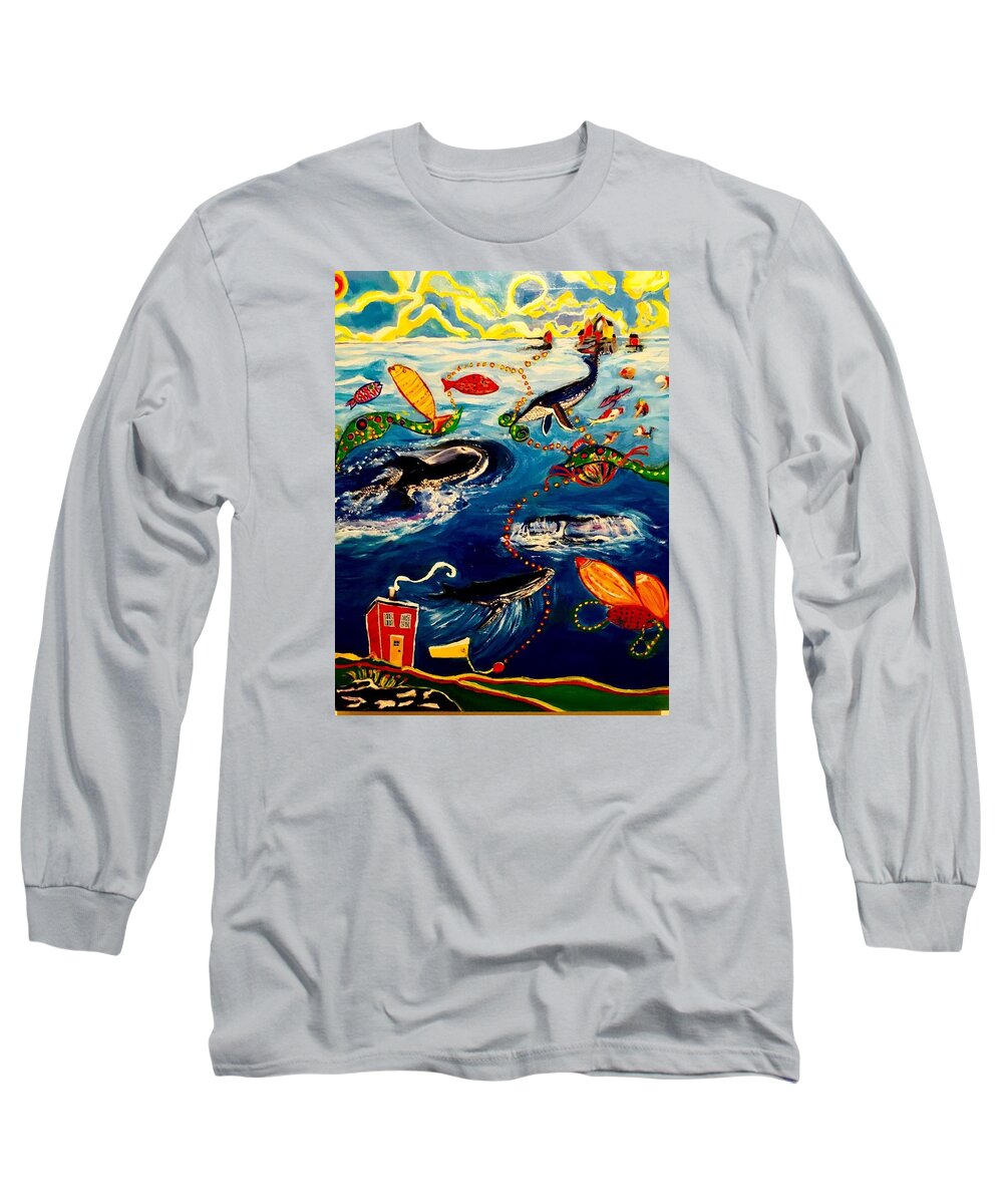 Seascape Long Sleeve T-Shirt featuring the mixed media Whale of a Time by Myra Evans