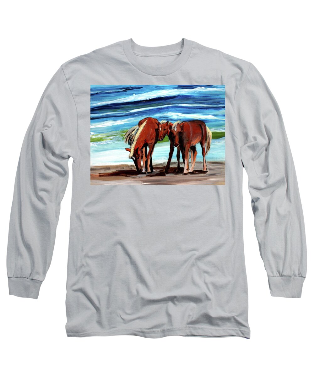Horse Long Sleeve T-Shirt featuring the painting Wild Horses Outer Banks by Katy Hawk