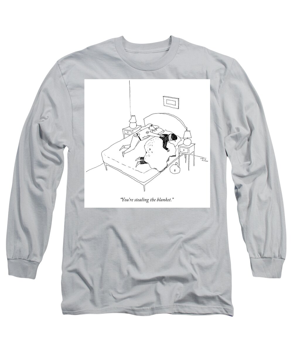 Money Bag Long Sleeve T-Shirt featuring the drawing You're stealing the blanket by Liana Finck