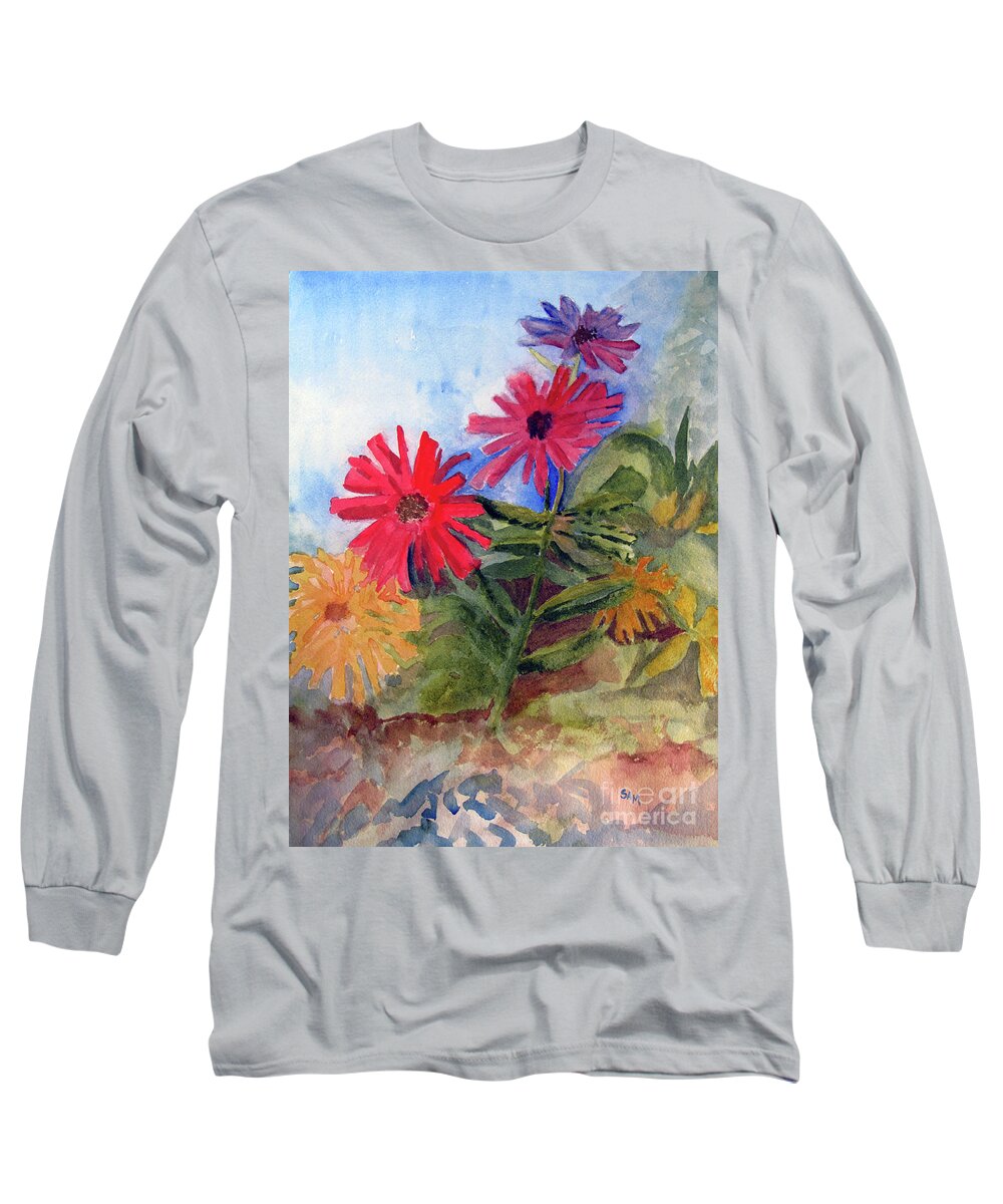 Zinnias Long Sleeve T-Shirt featuring the painting Zinnias in the Garden by Sandy McIntire