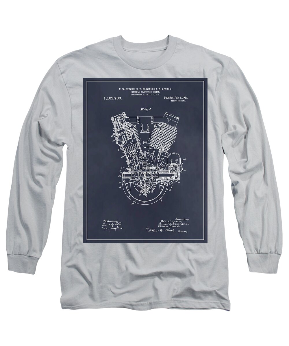 1914 Spacke V Twin Motorcycle Engine Patent Print Long Sleeve T-Shirt featuring the drawing 1914 Spacke V Twin Motorcycle Engine Blackboard Patent Print by Greg Edwards