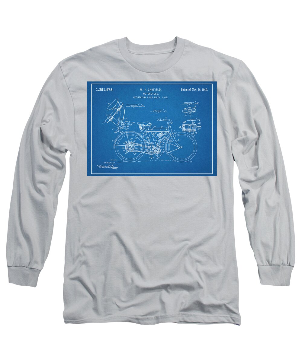 1919 W. J. Canfield Motorcycle Patent Print Long Sleeve T-Shirt featuring the drawing 1919 W. J. Canfield Motorcycle Blueprint Patent Print by Greg Edwards