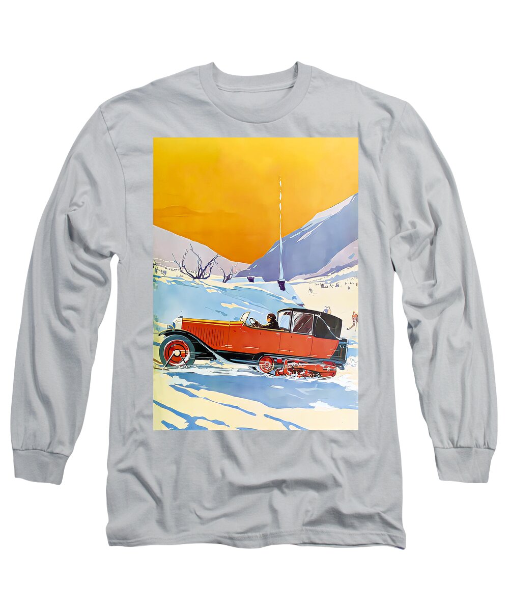 Vintage Long Sleeve T-Shirt featuring the mixed media 1926 Town Car Converted For Snow Travel Ski Slope Setting Original French Art Deco Illustration by Retrographs