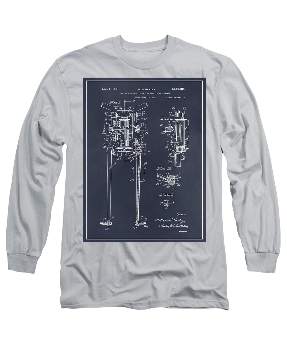 1929 Harley Davidson Front Fork Patent Print Long Sleeve T-Shirt featuring the drawing 1929 Harley Davidson Front Fork Blackboard Patent Print by Greg Edwards
