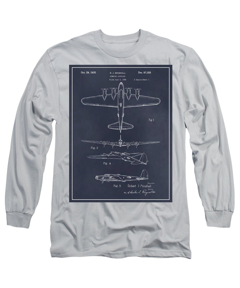 1935 B17 Flying Fortress Patent Print Long Sleeve T-Shirt featuring the drawing 1935 B17 Flying Fortress Blackboard Patent Print by Greg Edwards