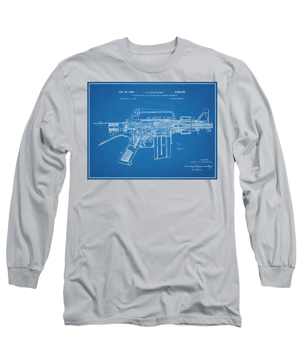 Ar15 Long Sleeve T-Shirt featuring the drawing 1966 AR15 Assault Rifle Patent Print, M-16, Blueprint by Greg Edwards