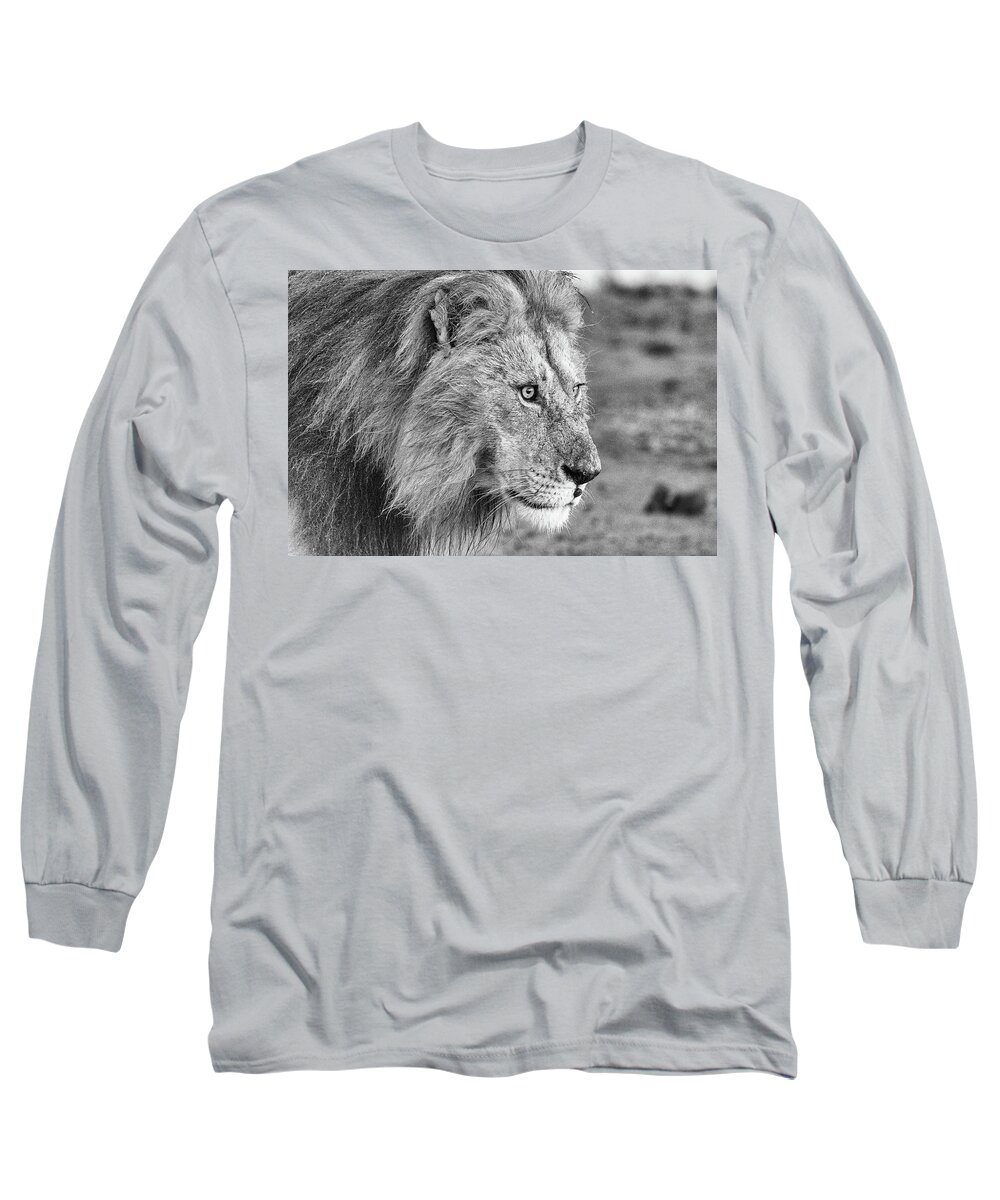 Lion Long Sleeve T-Shirt featuring the photograph A Monochrome Male Lion by Mark Hunter