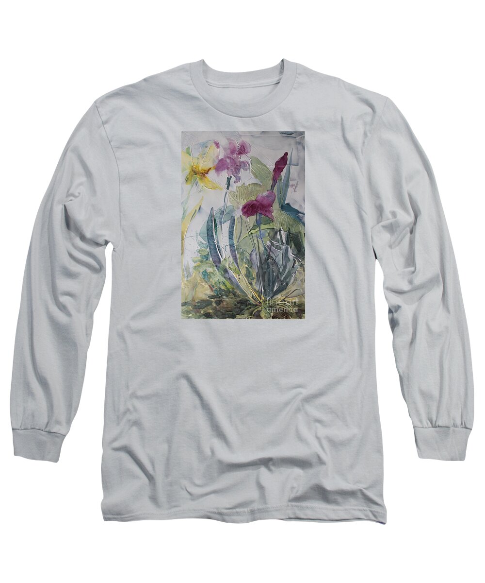 Iris Long Sleeve T-Shirt featuring the painting Blooming Iris by Elizabeth Carr