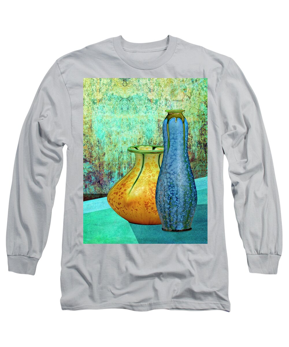 Still Life Long Sleeve T-Shirt featuring the digital art Blue and Yellow Vases by Sandra Selle Rodriguez