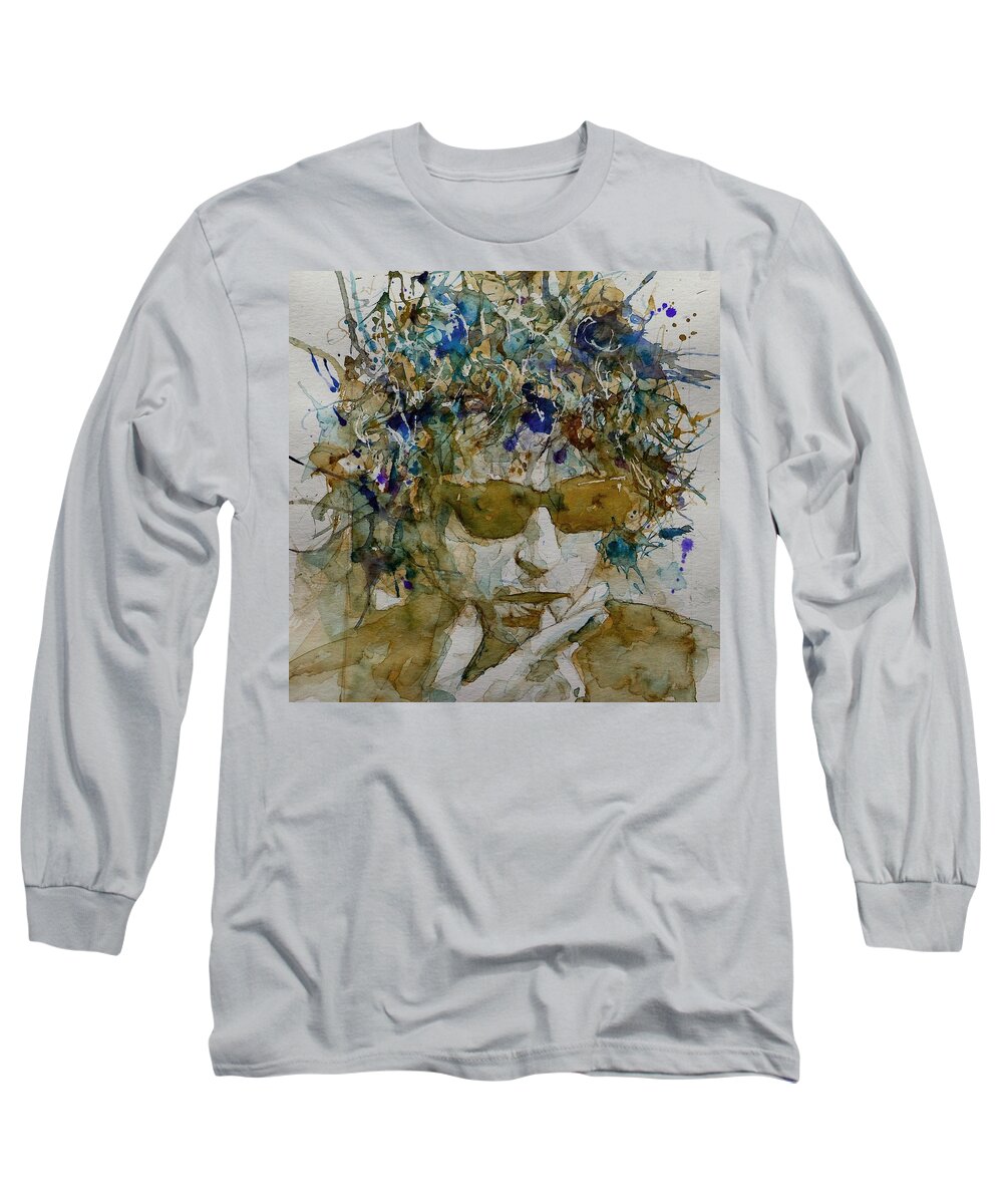 Bob Dylan Long Sleeve T-Shirt featuring the painting Bob Dylan - Knocking On Heavens Door by Paul Lovering