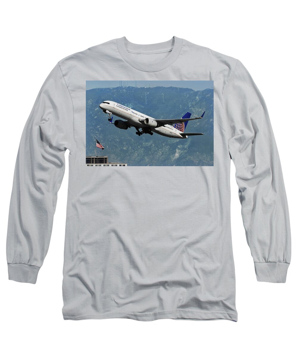 Continental Airlines Long Sleeve T-Shirt featuring the photograph Continental Airlines and American Flag by Erik Simonsen
