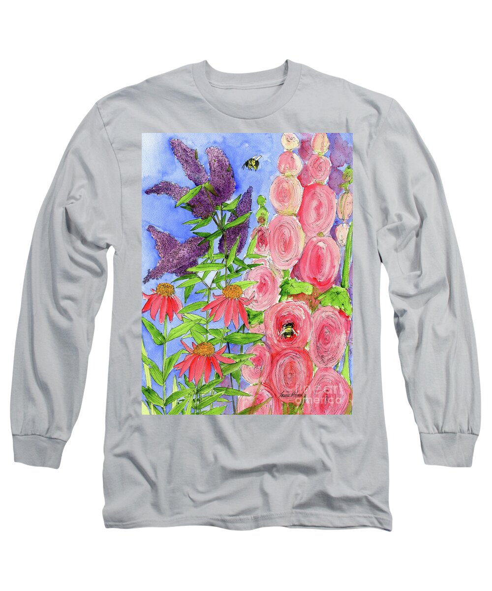 Watercolor Long Sleeve T-Shirt featuring the painting Cottage Garden Hollyhock Bees Blue Skie by Laurie Rohner