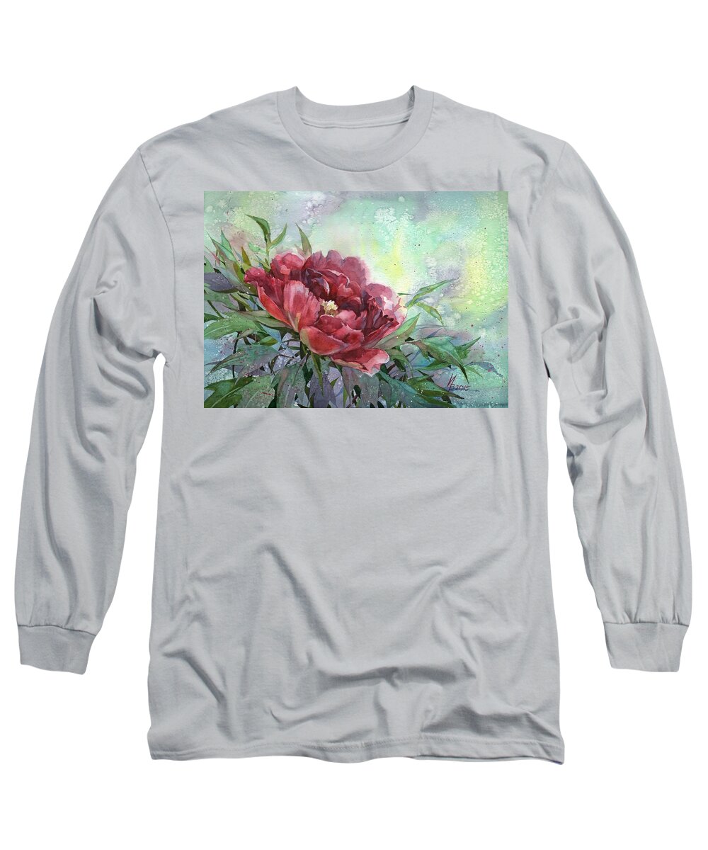 Russian Artists New Wave Long Sleeve T-Shirt featuring the painting Dark Red Peony Flower by Ina Petrashkevich