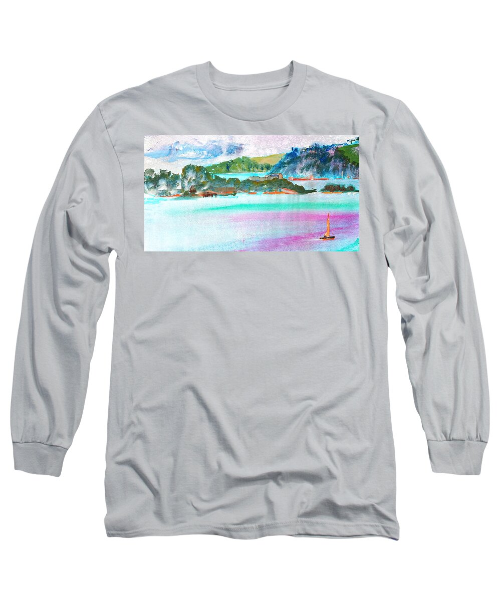 Drakes Island Long Sleeve T-Shirt featuring the painting Drakes Island Plymouth Devon by Mike Jory