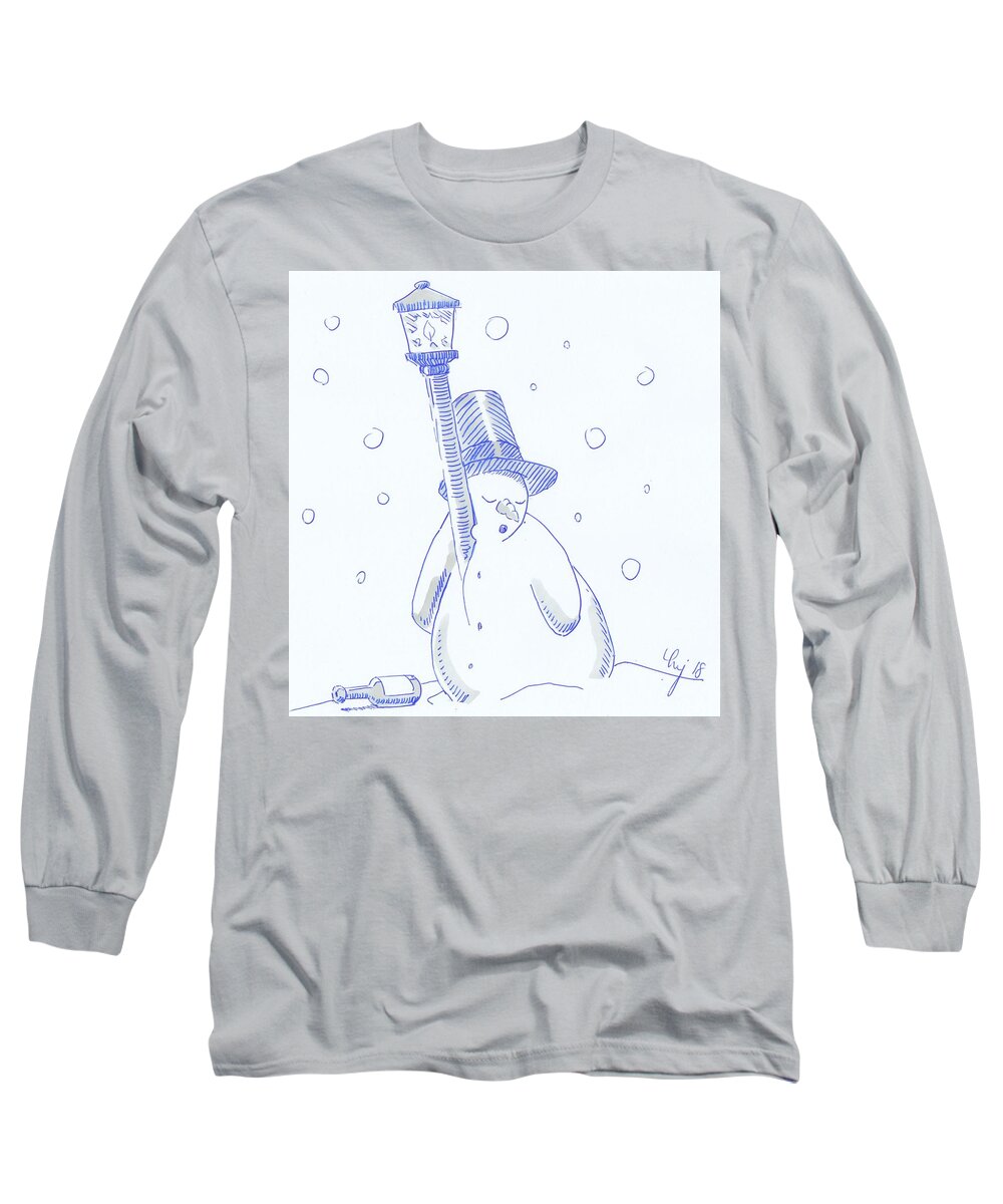  Long Sleeve T-Shirt featuring the drawing Drunk snowman sleeping christmas cartoon by Mike Jory
