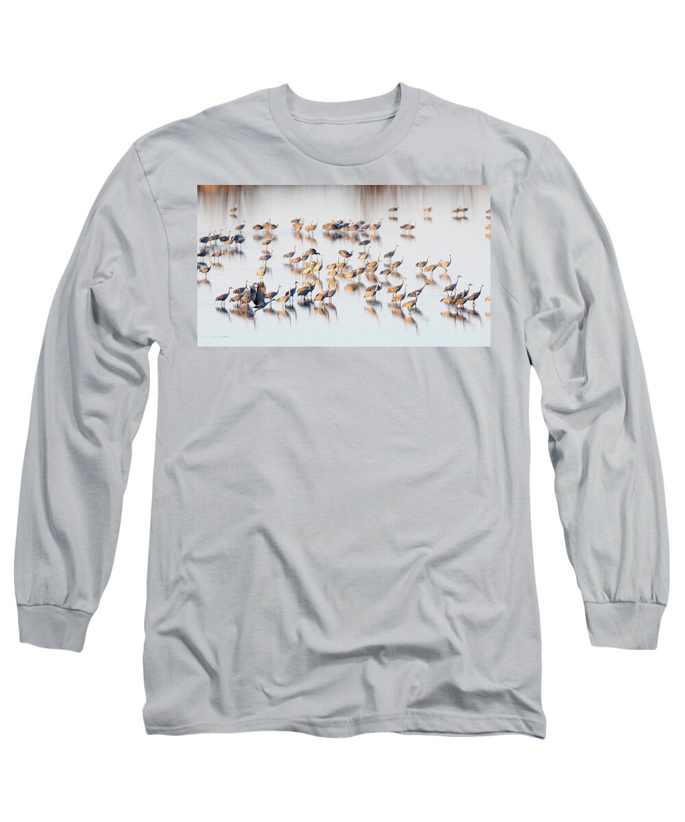 Richard E. Porter Long Sleeve T-Shirt featuring the photograph First One Off, Color - Muleshoe Wildlife Refuge, Texas by Richard Porter